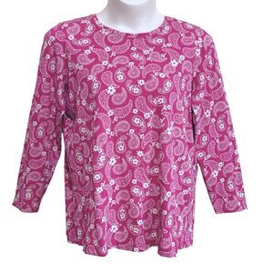 Woman Within Top Womens Size 18/20 Pink White Paisley Long Sleeve Knit Stretch